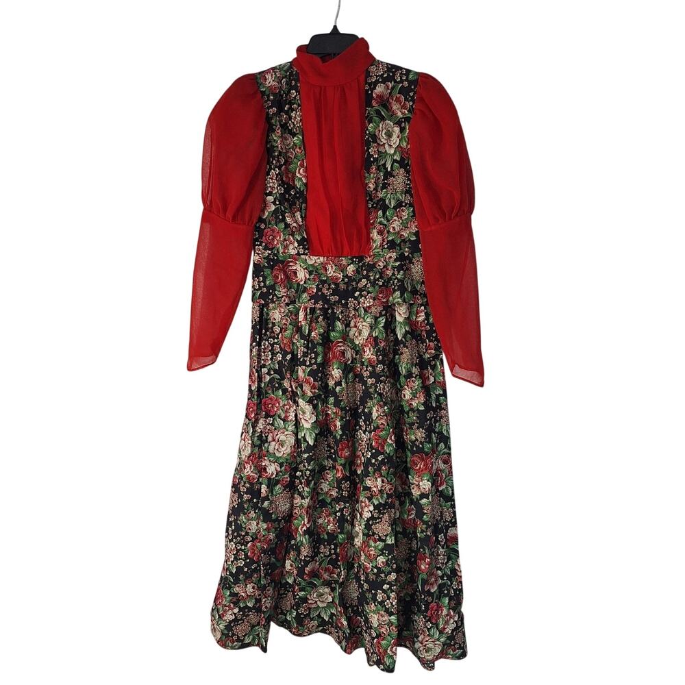 Vintage Handmade Dress RedRose Pattern 80s Dark Cottagecore Fairytale Grannycore